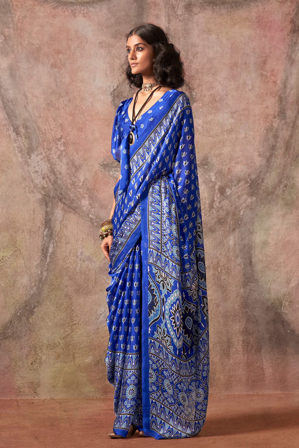 Blue Ajrakh Print Satin Georgette Saree With Blouse