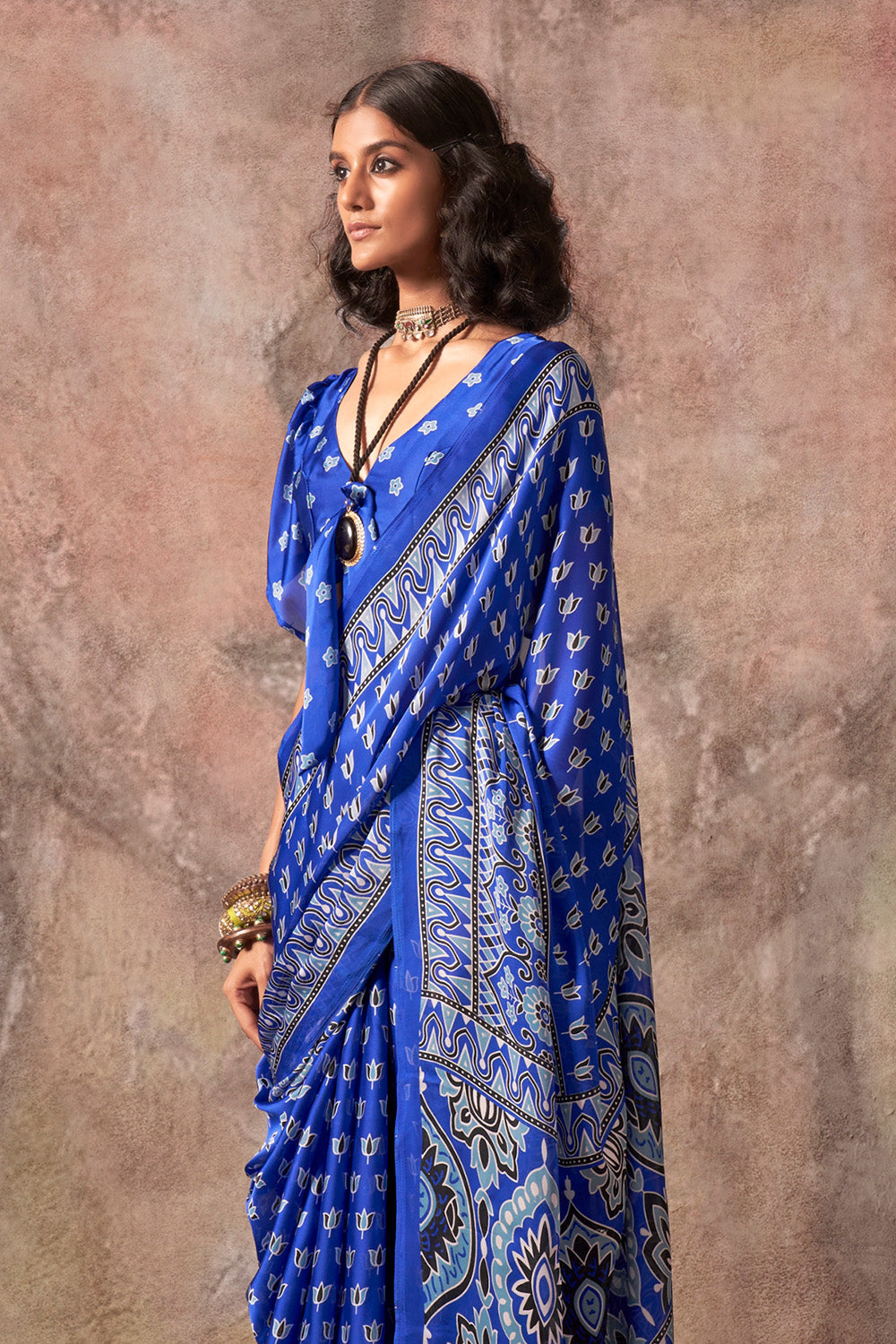 Blue Ajrakh Print Satin Georgette Saree With Blouse