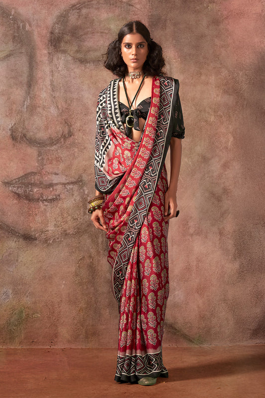 Red Ajrakh Print Satin Georgette Saree With Blouse