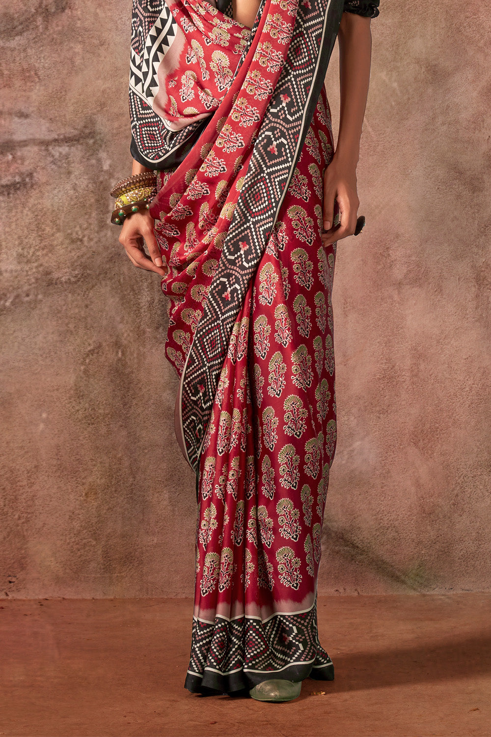 Red Ajrakh Print Satin Georgette Saree With Blouse