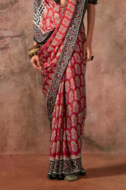 Red Ajrakh Print Satin Georgette Saree With Blouse