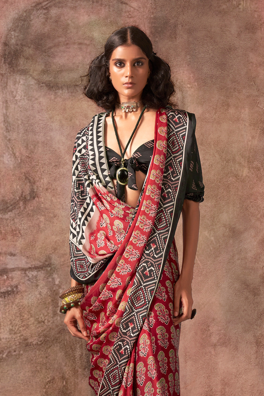 Red Ajrakh Print Satin Georgette Saree With Blouse