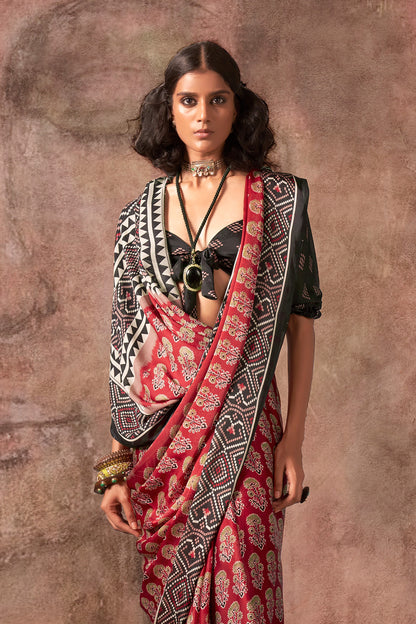 Red Ajrakh Print Satin Georgette Saree With Blouse