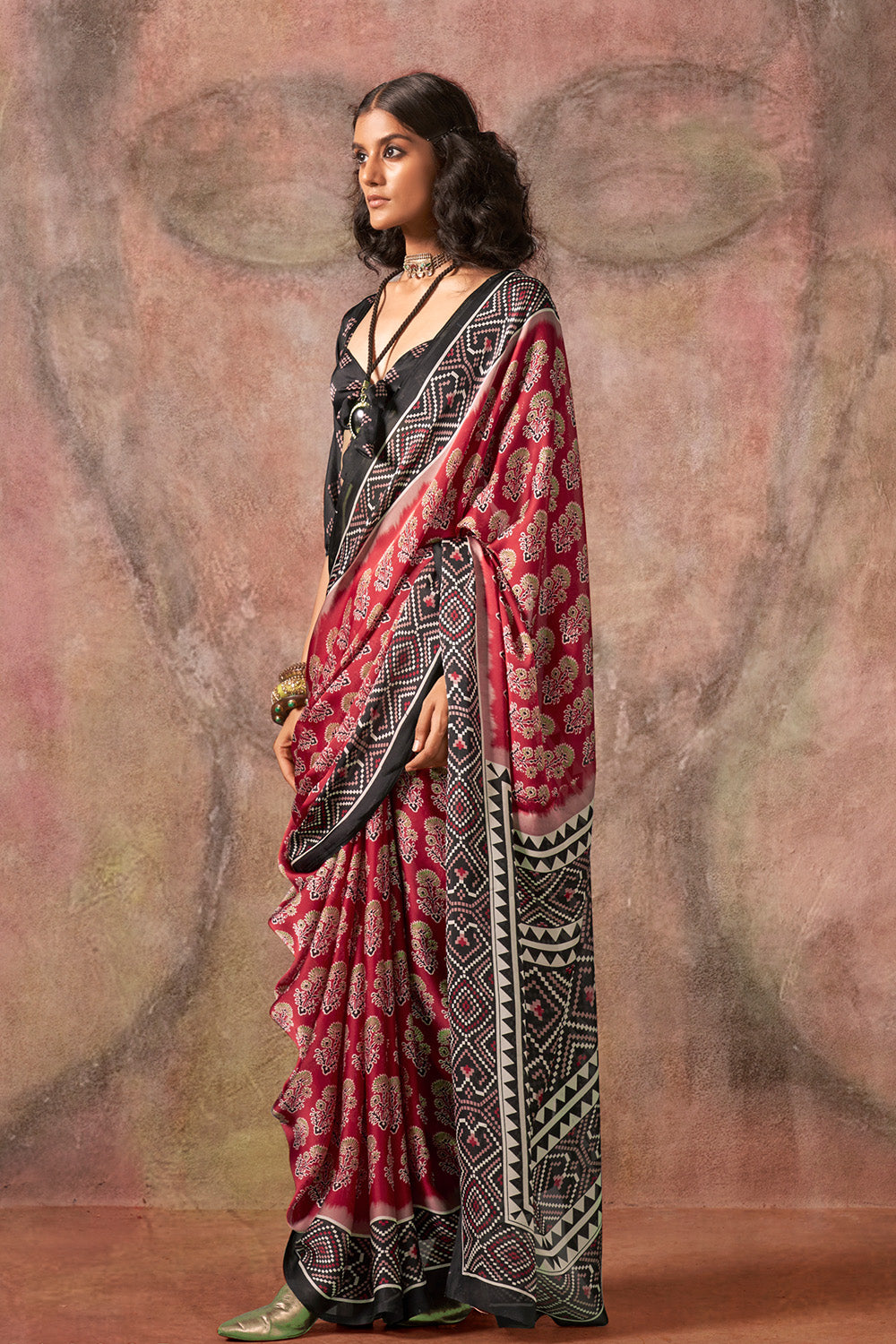 Red Ajrakh Print Satin Georgette Saree With Blouse
