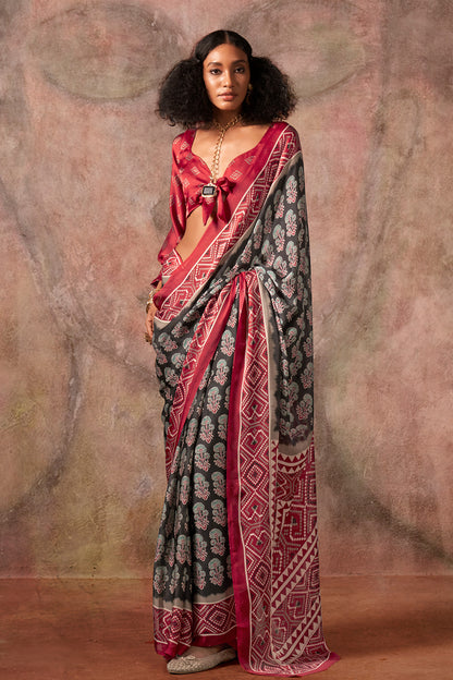 Red Black Ajrakh Print Satin Georgette Saree With Blouse