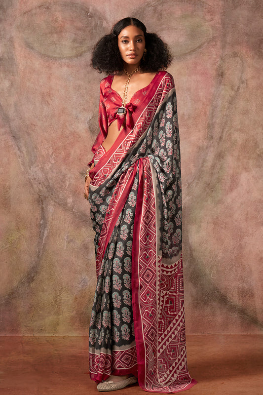 Red Black Ajrakh Print Satin Georgette Saree With Blouse