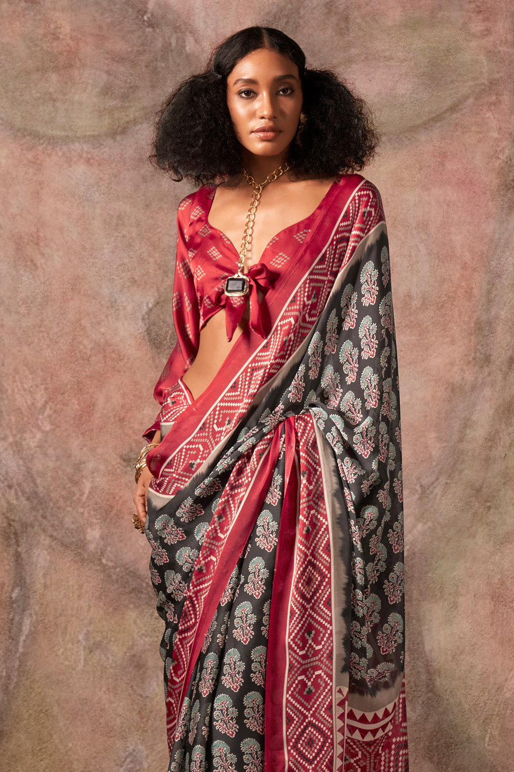 Red Black Ajrakh Print Satin Georgette Saree With Blouse