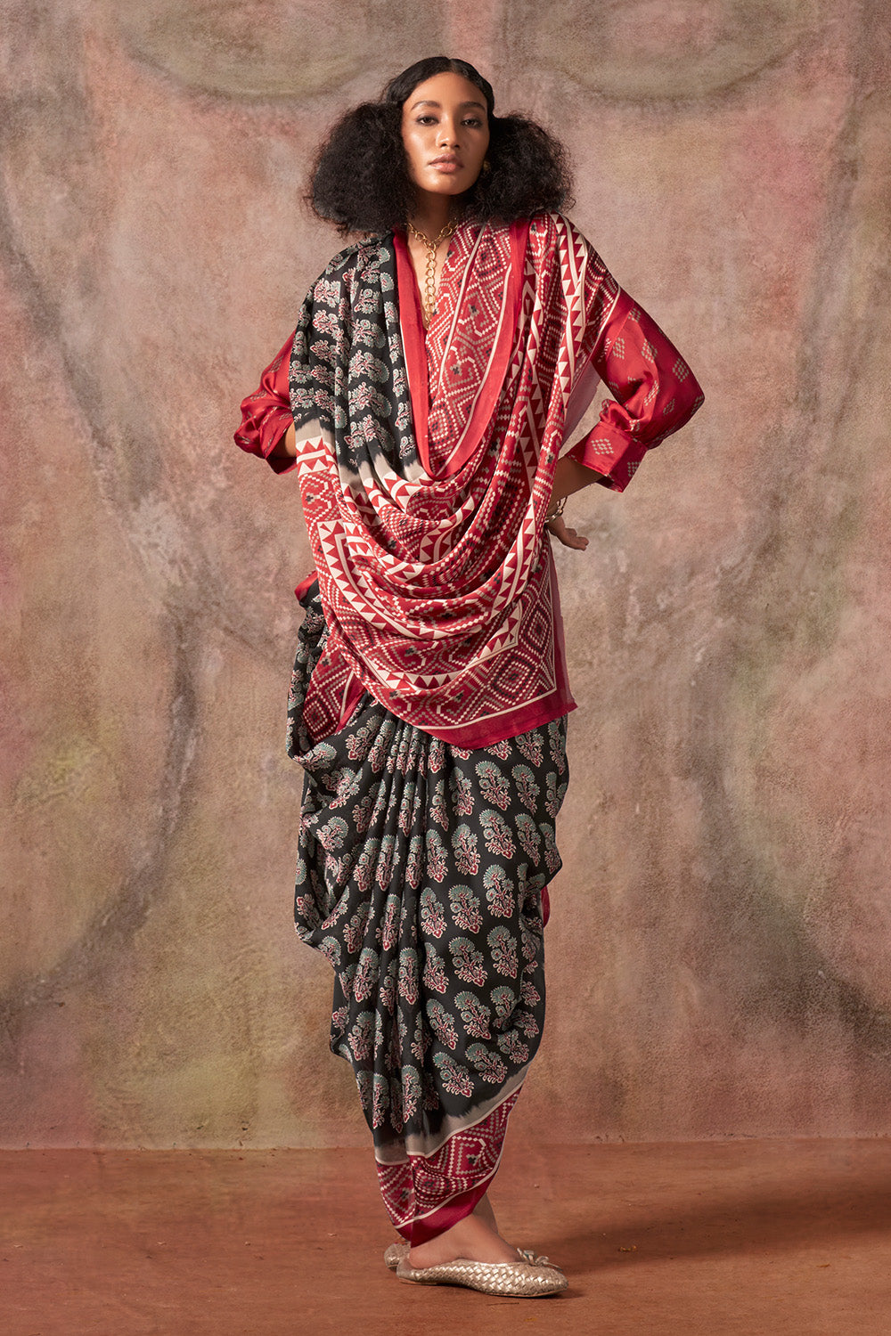 Red Black Ajrakh Print Satin Georgette Saree With Blouse