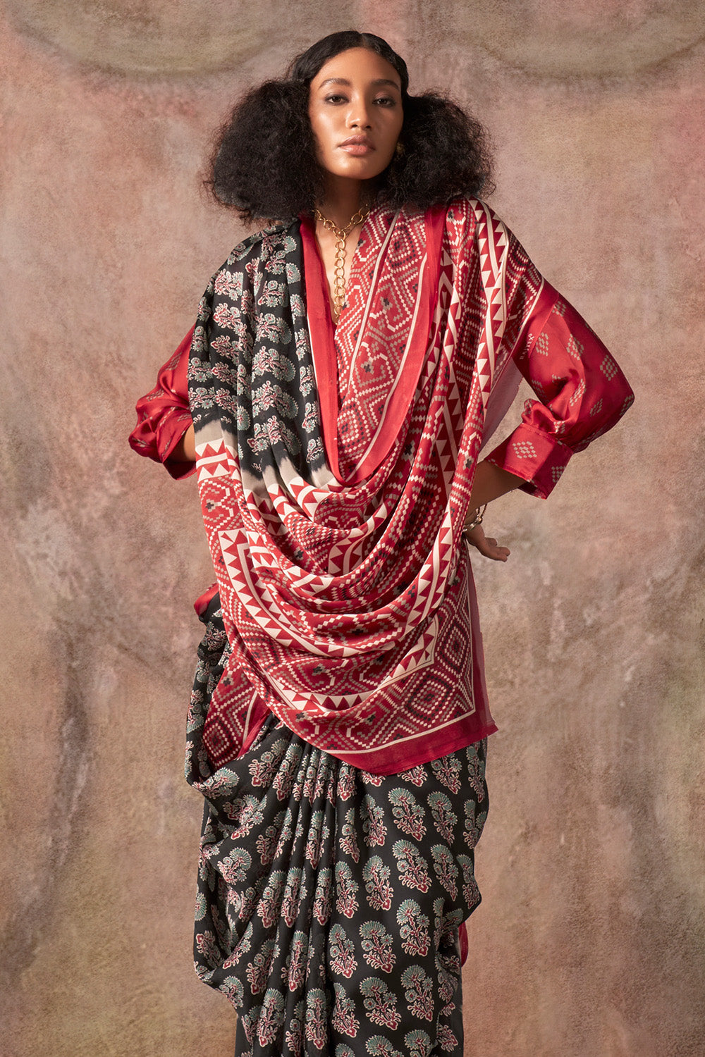 Red Black Ajrakh Print Satin Georgette Saree With Blouse