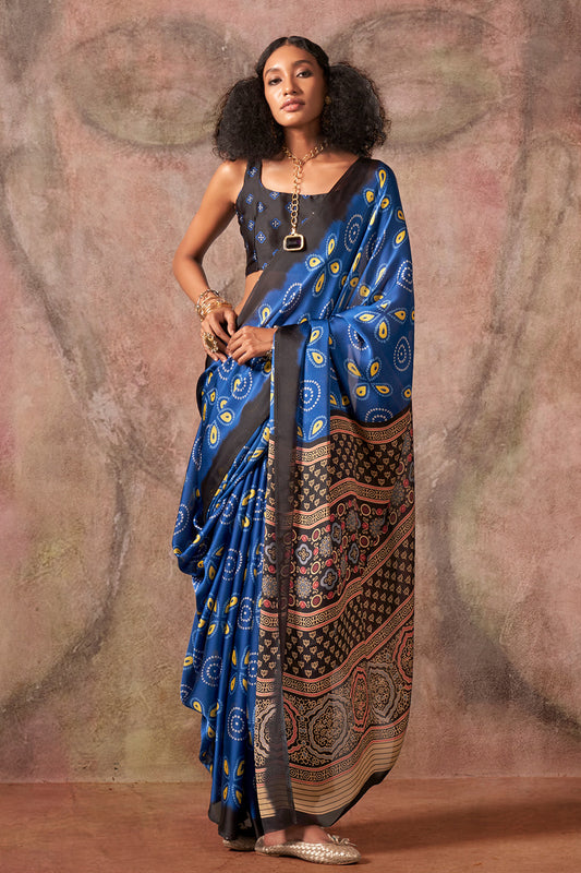 Navy Blue Ajrakh Print Satin Georgette Saree With Blouse