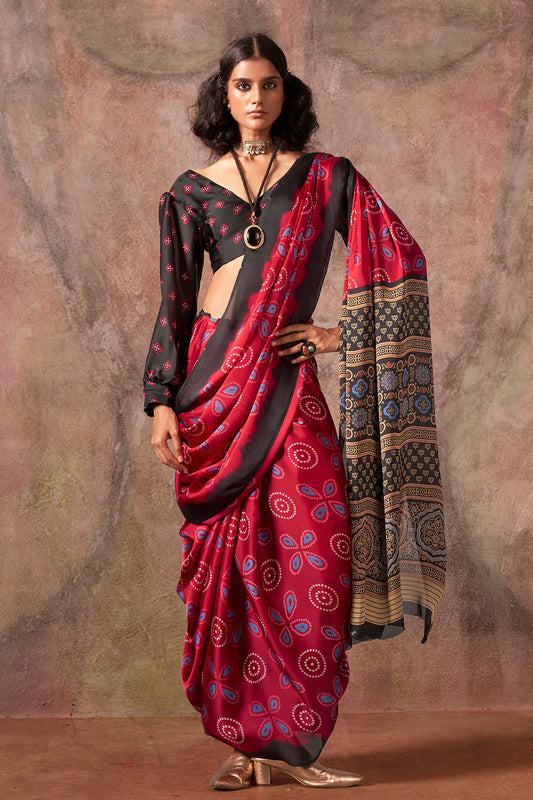 Black Red Ajrakh Print Satin Georgette Saree With Blouse