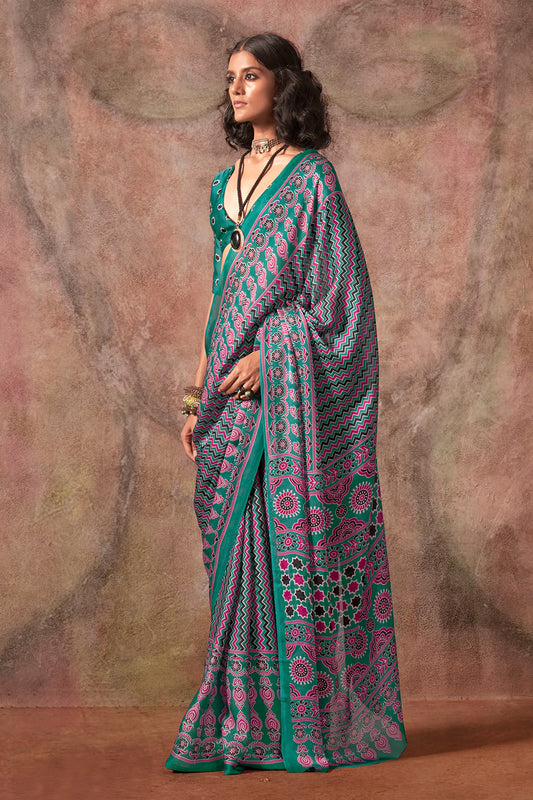 Green Ajrakh Print Satin Georgette Saree With Blouse