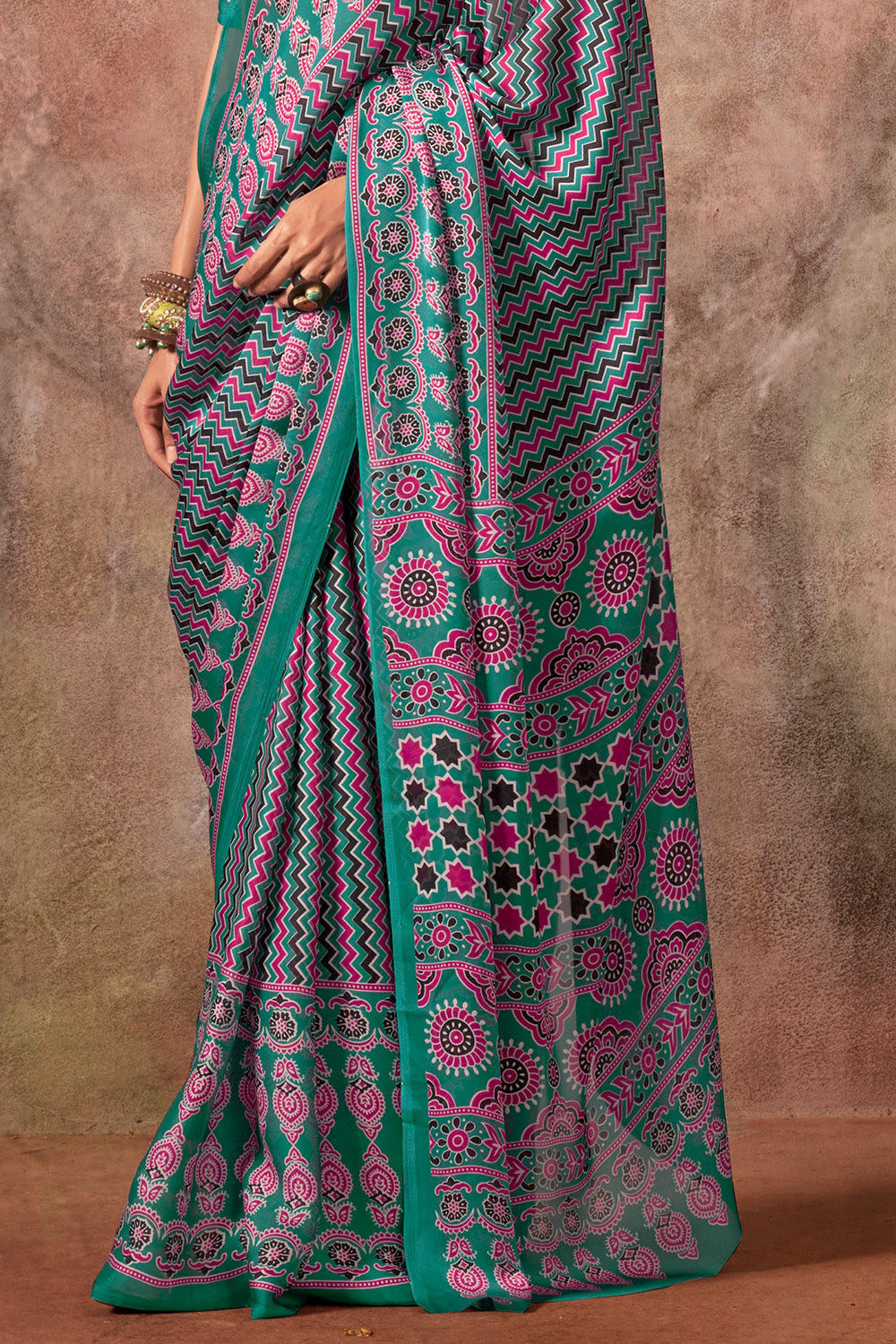 Green Ajrakh Print Satin Georgette Saree With Blouse