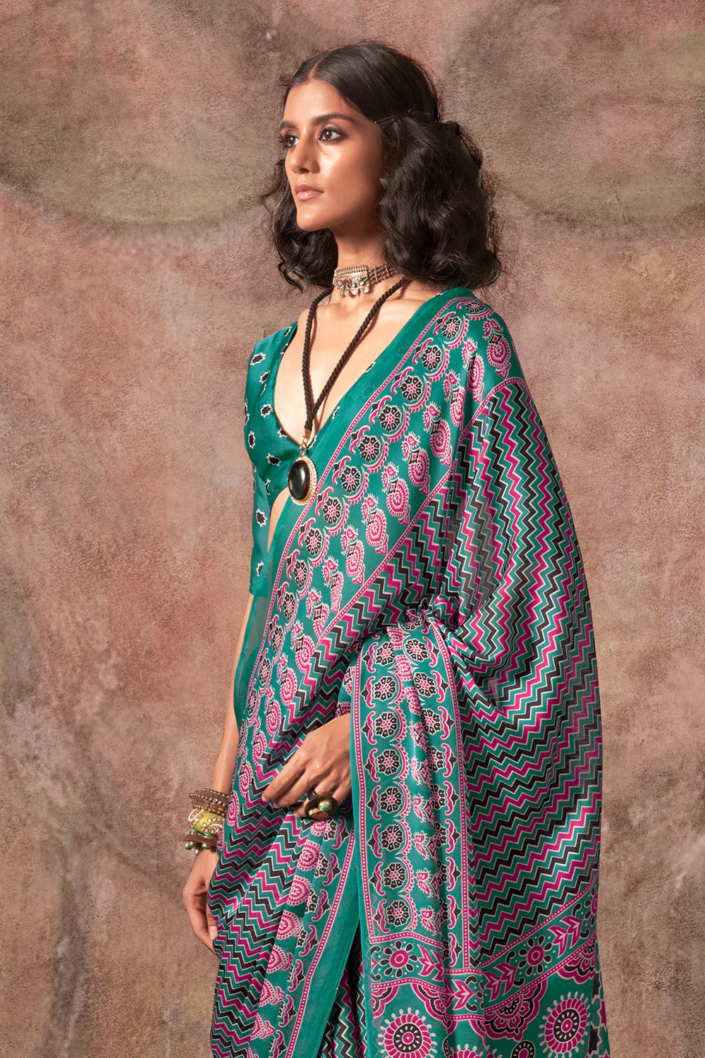 Green Ajrakh Print Satin Georgette Saree With Blouse