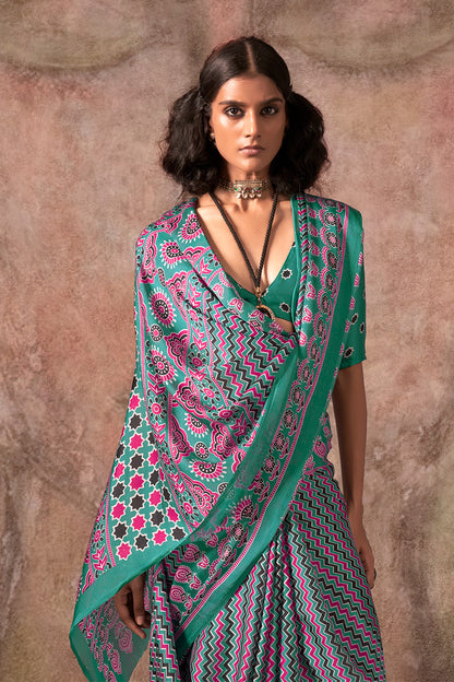 Green Ajrakh Print Satin Georgette Saree With Blouse