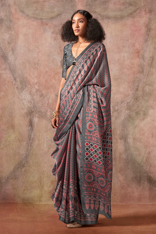 Multicolor Ajrakh Print Satin Georgette Saree With Blouse