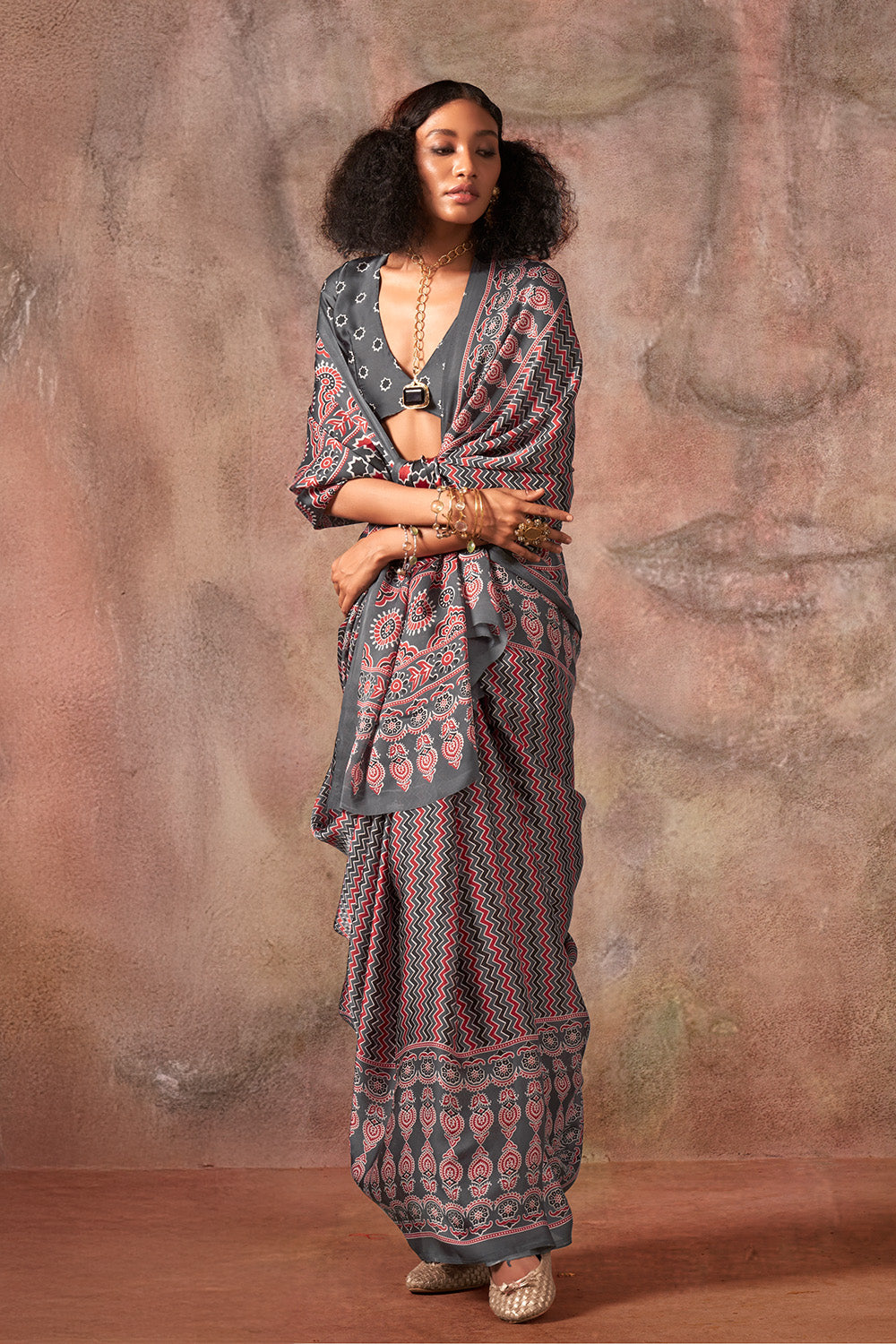 Multicolor Ajrakh Print Satin Georgette Saree With Blouse