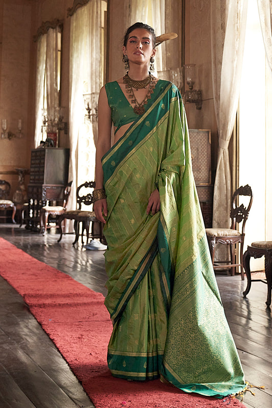 Green Leheriya Stripes Saree With Blouse