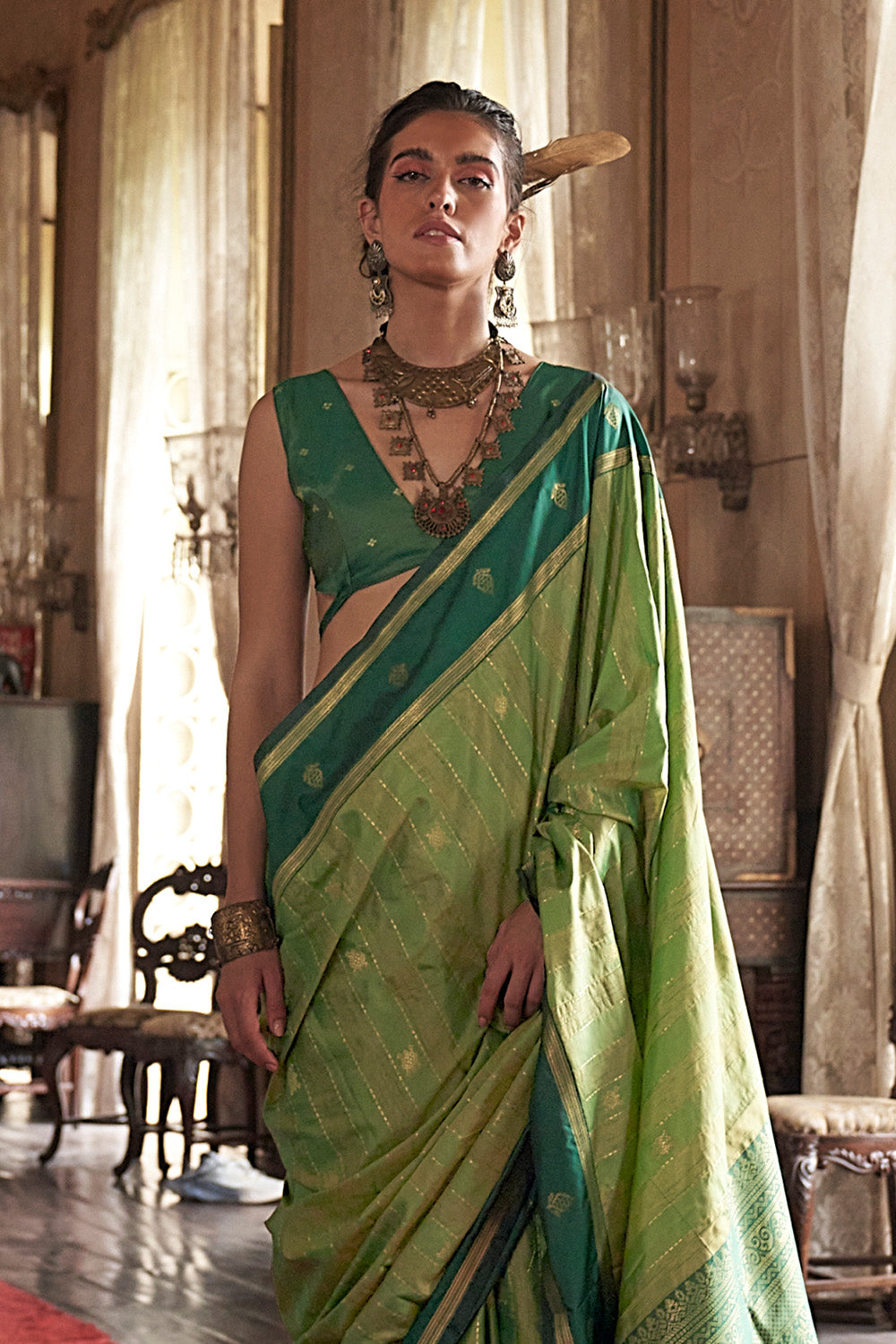Green Leheriya Stripes Saree With Blouse