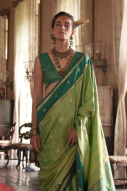 Green Leheriya Stripes Saree With Blouse