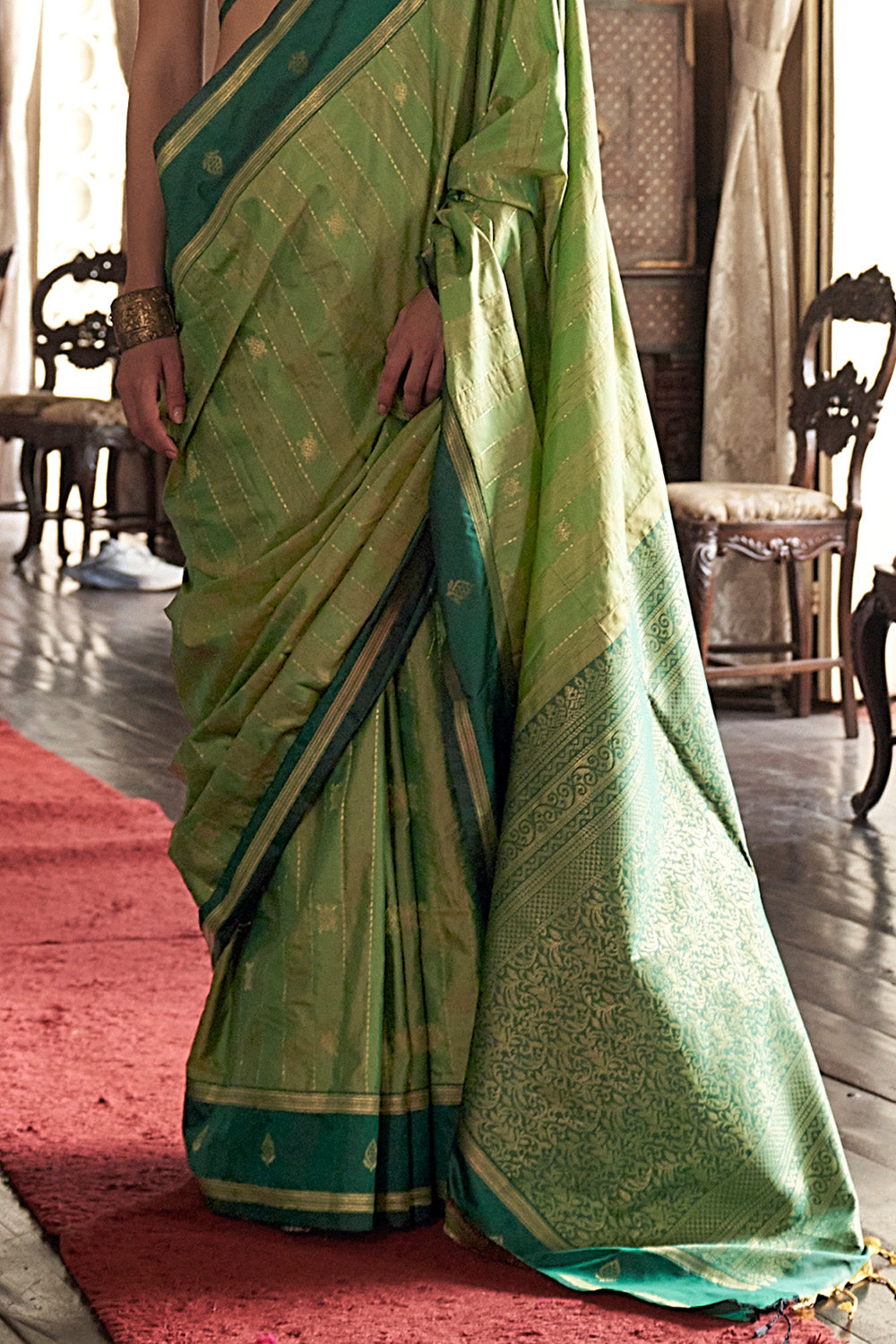 Green Leheriya Stripes Saree With Blouse