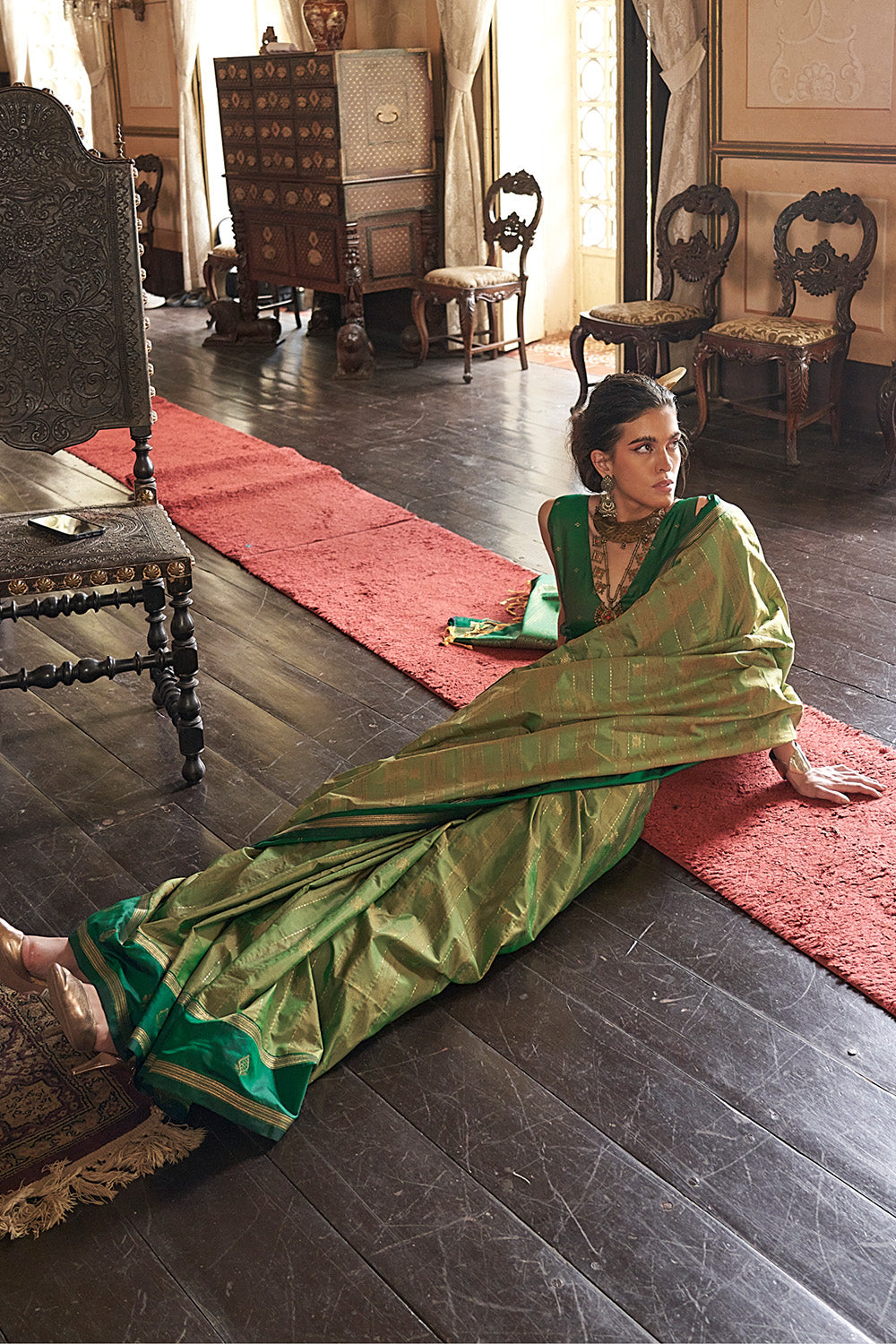Green Leheriya Stripes Saree With Blouse