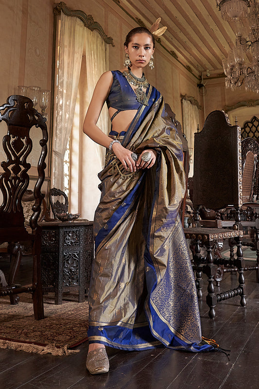 Golden Leheriya Stripes Saree With Blouse
