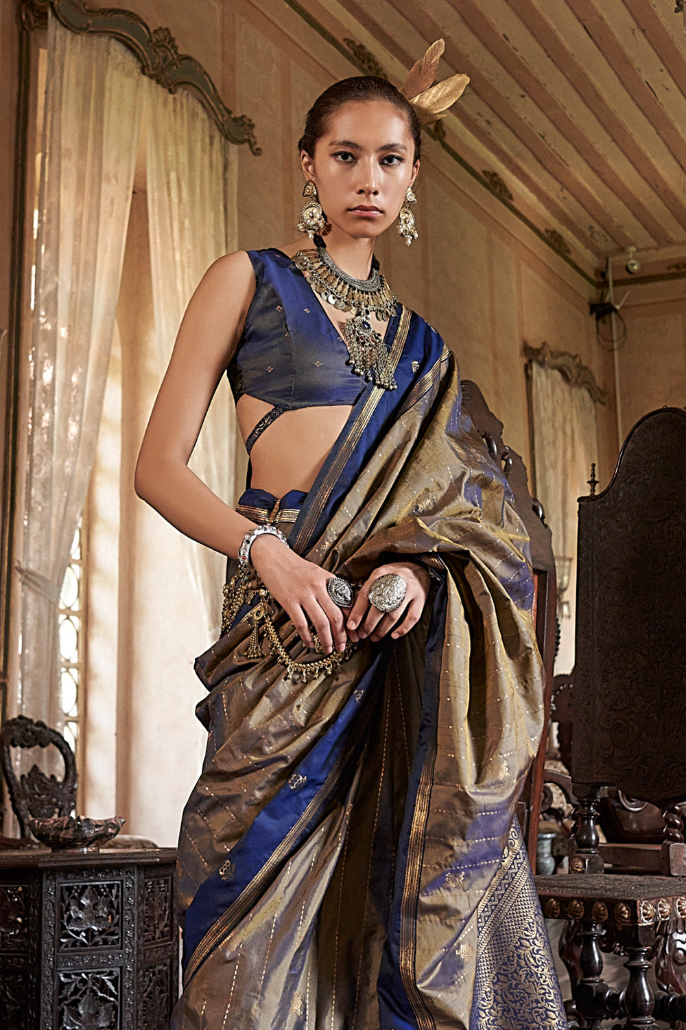 Golden Leheriya Stripes Saree With Blouse