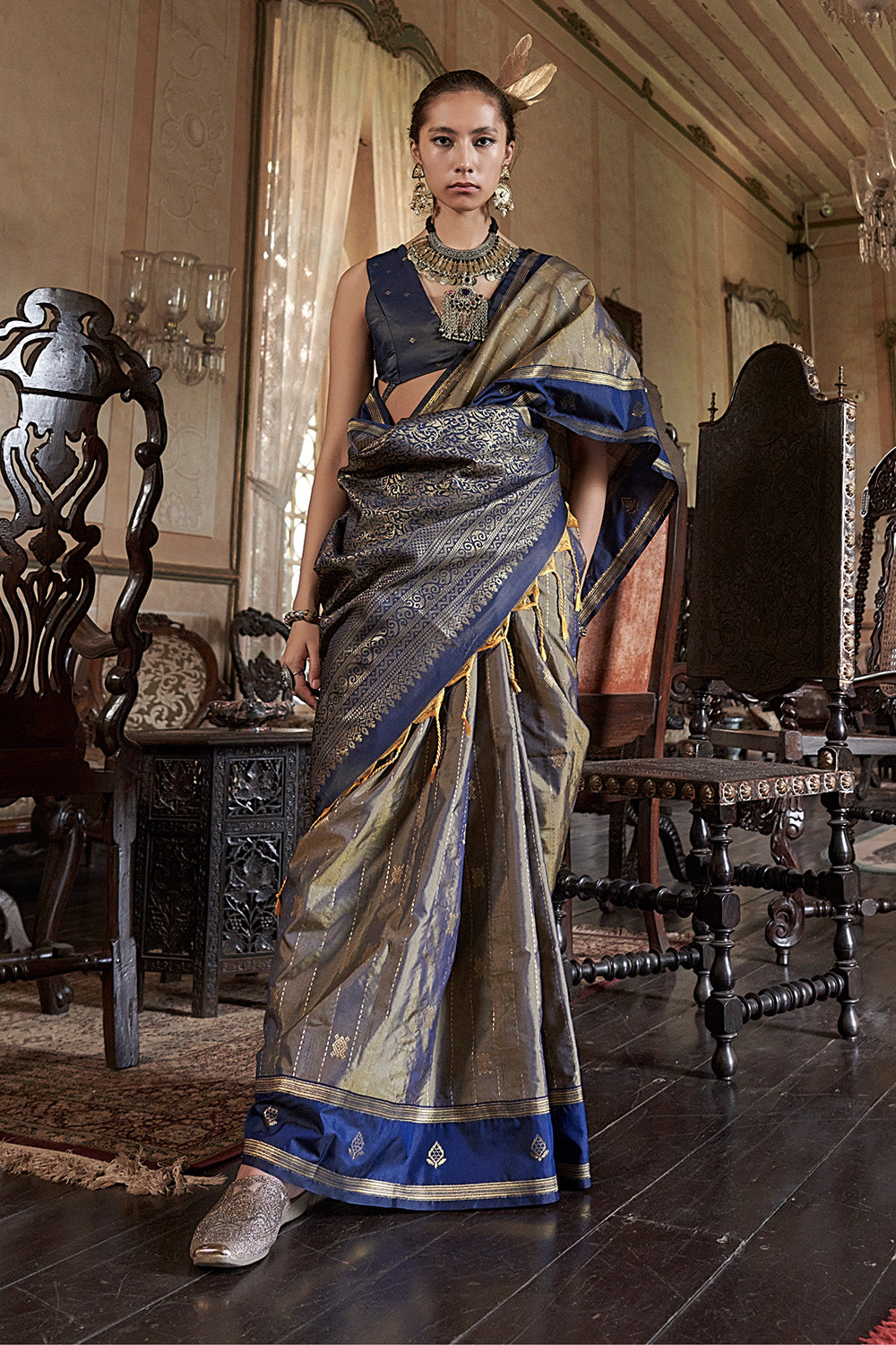 Golden Leheriya Stripes Saree With Blouse