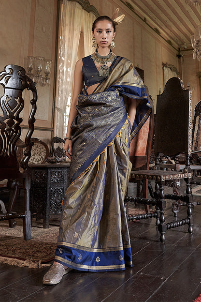 Golden Leheriya Stripes Saree With Blouse