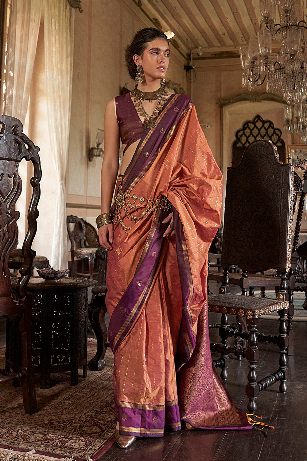 Orange Leheriya Stripes Saree With Blouse
