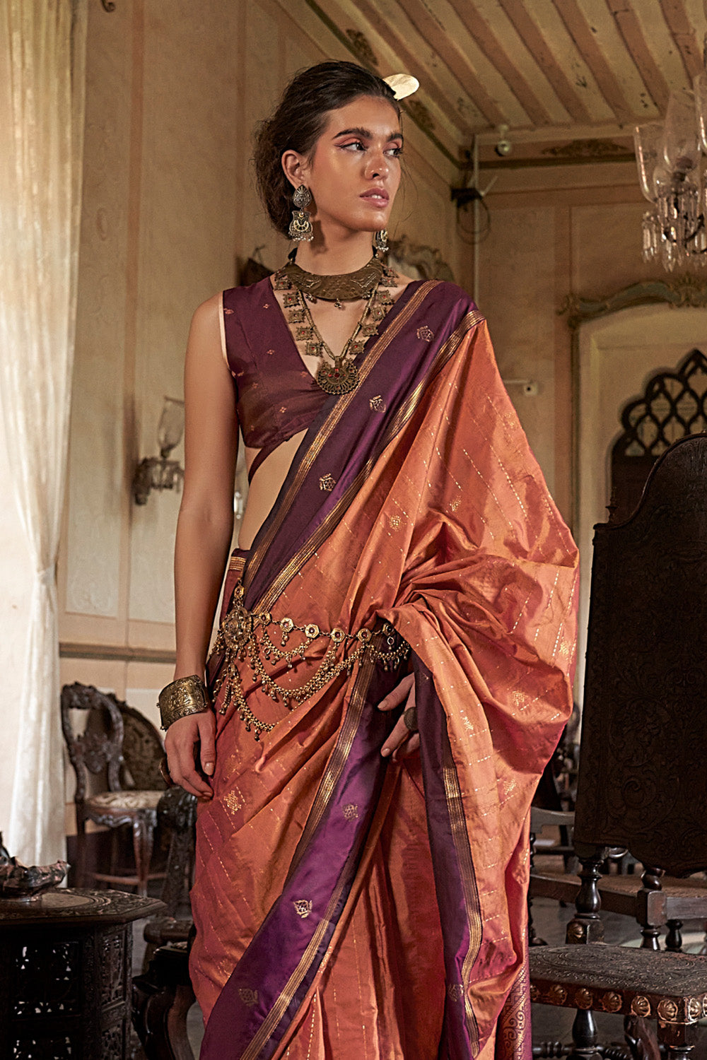 Orange Leheriya Stripes Saree With Blouse