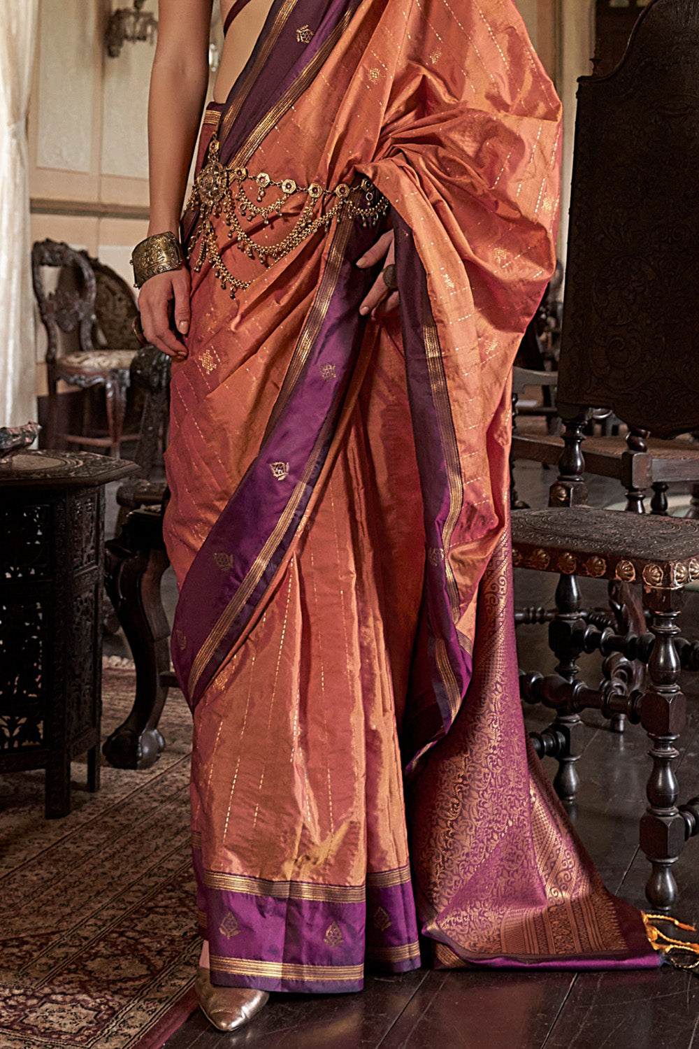 Orange Leheriya Stripes Saree With Blouse