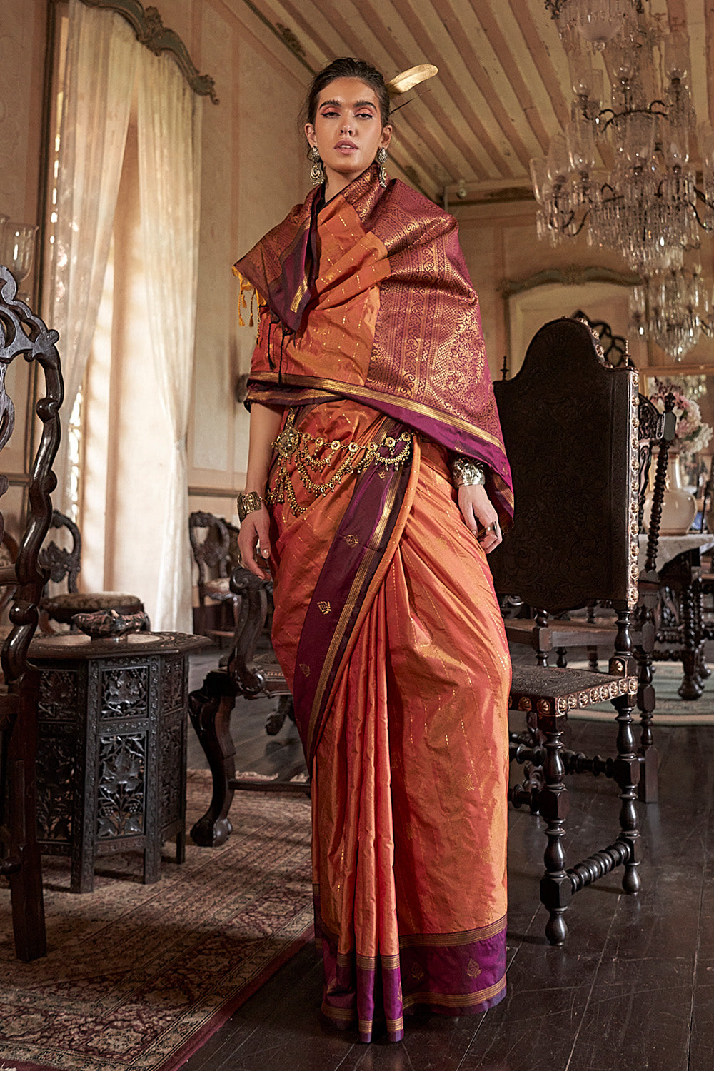 Orange Leheriya Stripes Saree With Blouse