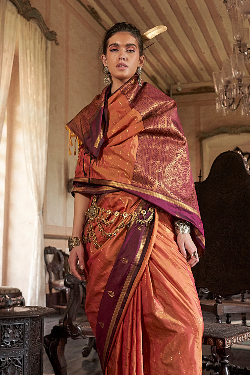 Orange Leheriya Stripes Saree With Blouse