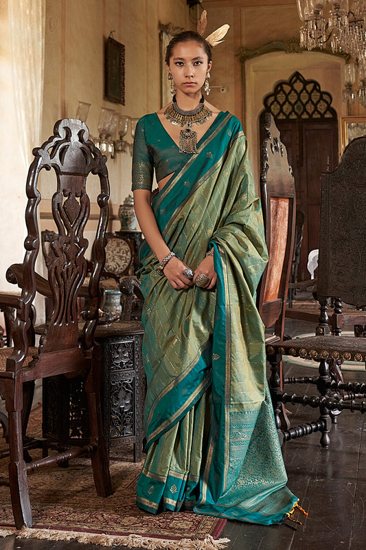 Sea Green Leheriya Stripes Saree With Blouse