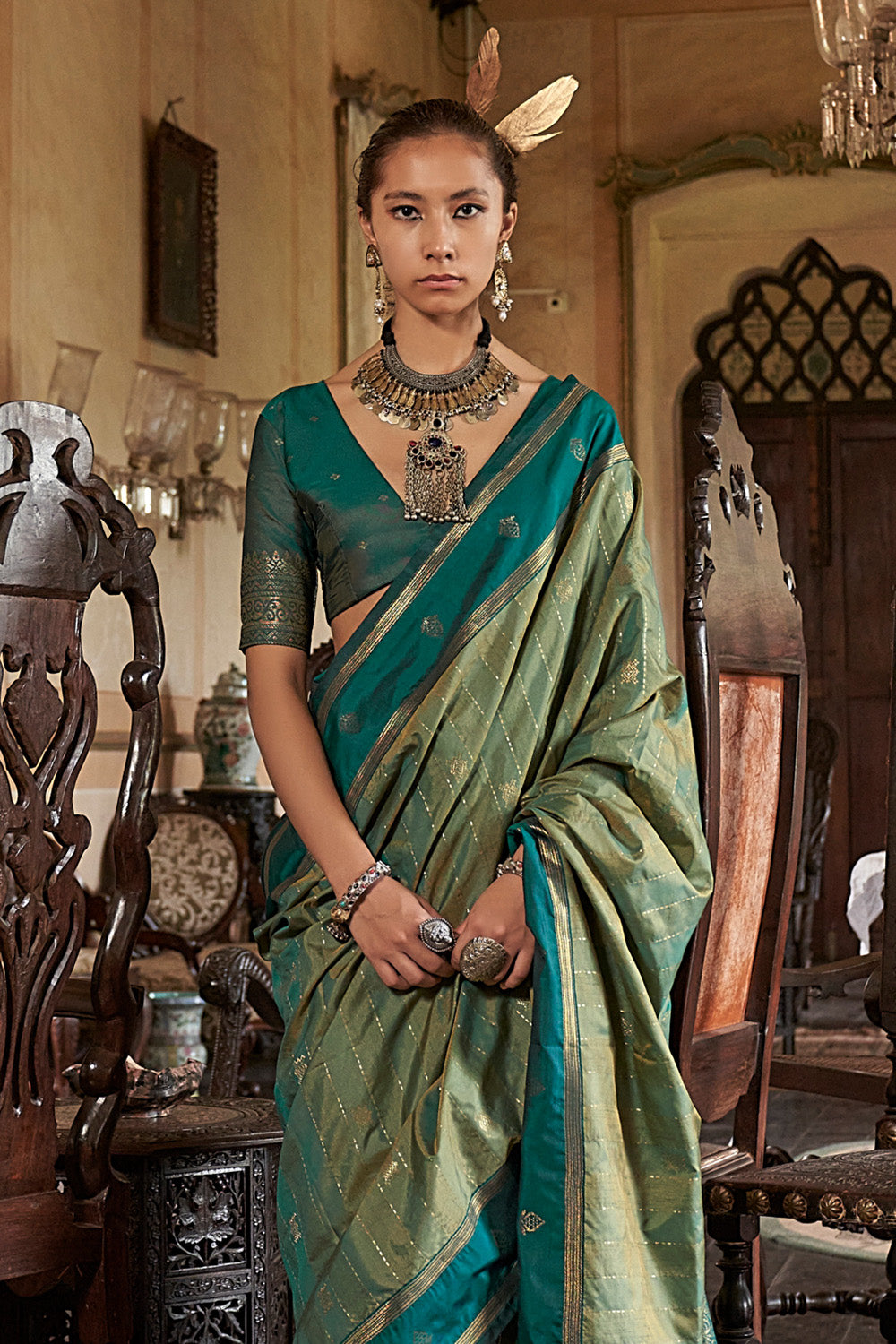 Sea Green Leheriya Stripes Saree With Blouse