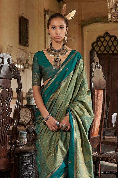 Sea Green Leheriya Stripes Saree With Blouse