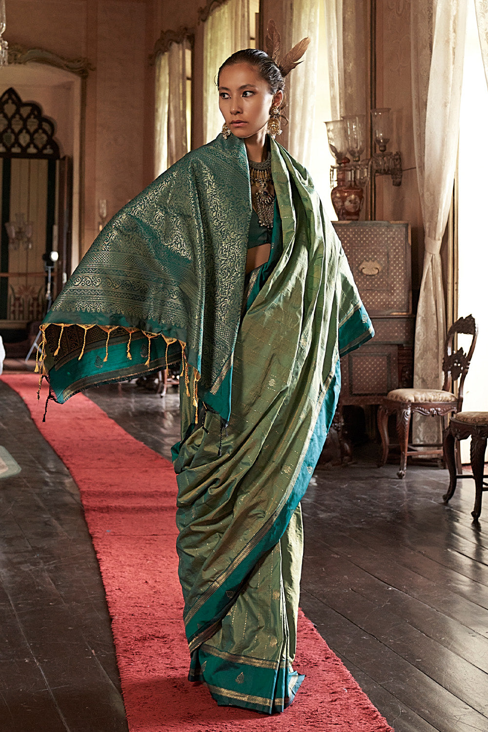 Sea Green Leheriya Stripes Saree With Blouse