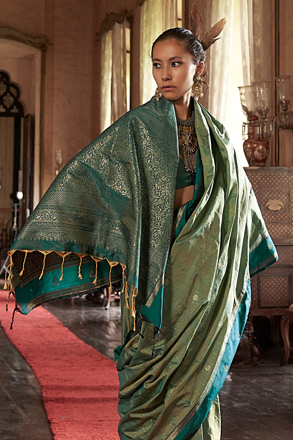 Sea Green Leheriya Stripes Saree With Blouse