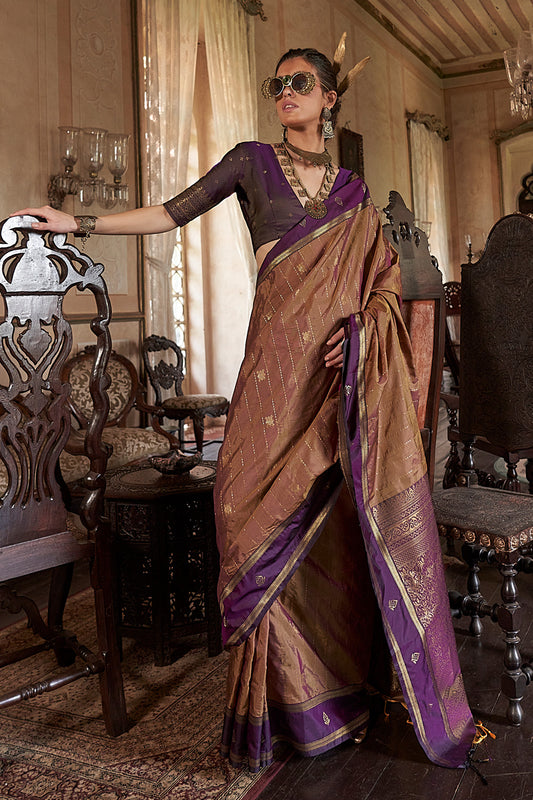 Light Brown Leheriya Stripes Saree With Blouse