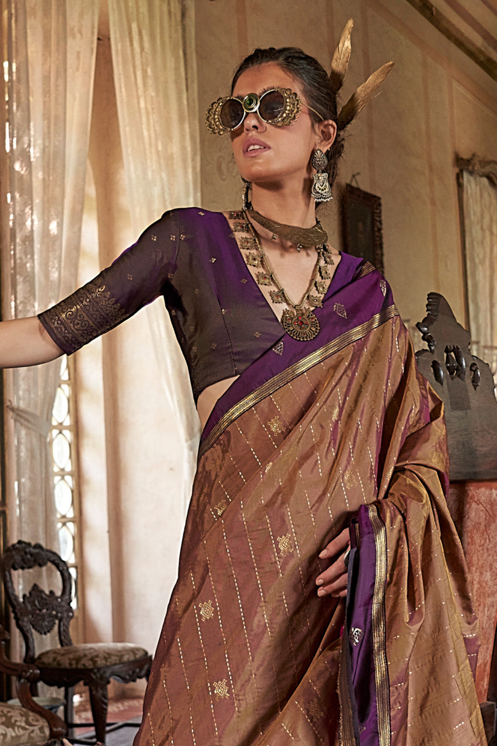Light Brown Leheriya Stripes Saree With Blouse