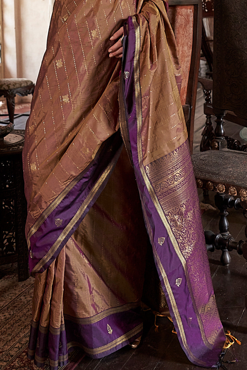 Light Brown Leheriya Stripes Saree With Blouse