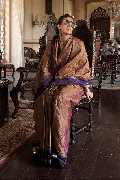 Light Brown Leheriya Stripes Saree With Blouse