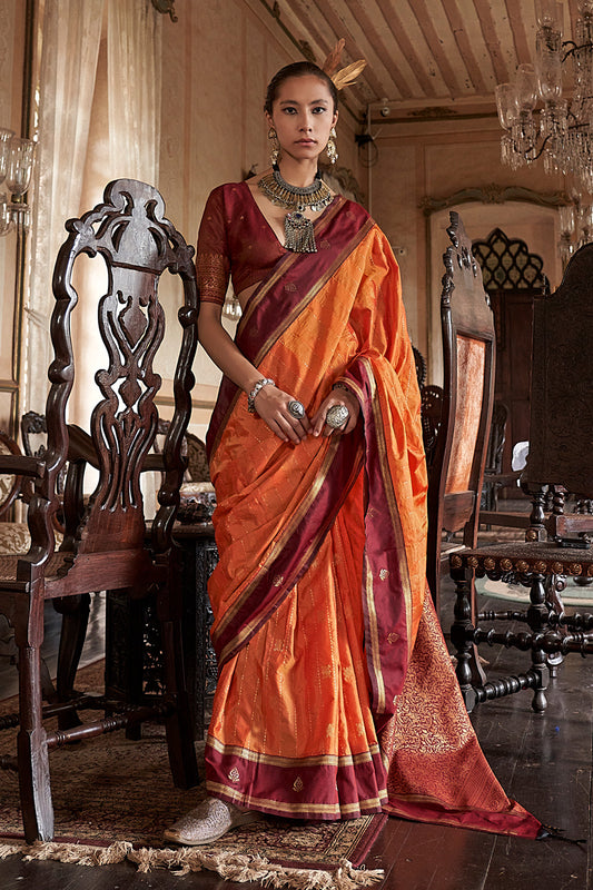 Deep Orange Leheriya Stripes Saree With Blouse
