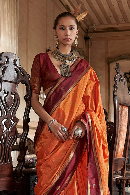 Deep Orange Leheriya Stripes Saree With Blouse