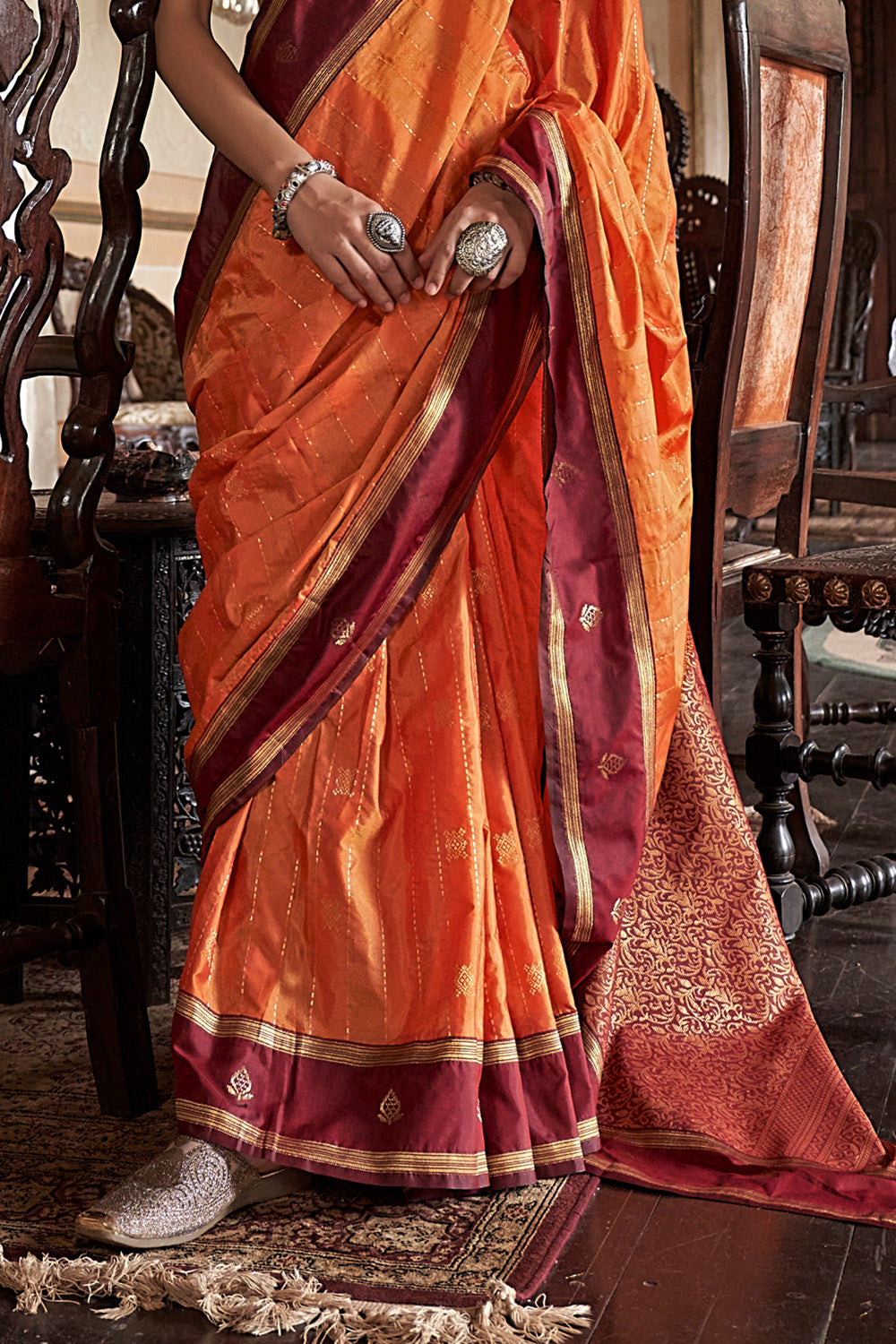 Deep Orange Leheriya Stripes Saree With Blouse