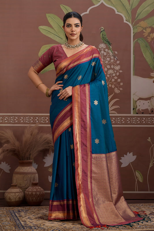 Navy Blue Onam Design Saree with blouse