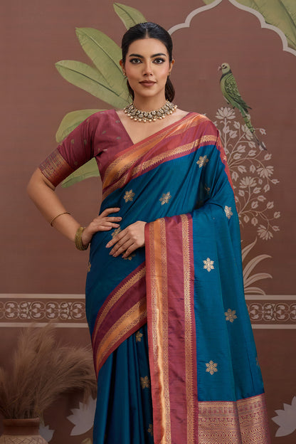 Navy Blue Onam Design Saree with blouse