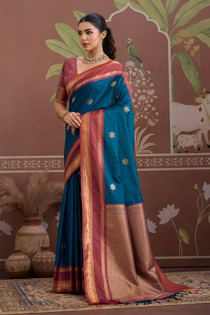 Navy Blue Onam Design Saree with blouse